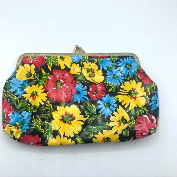 Vintage 60s Floral Kiss Lock Coin Purse Retro Mod Flower Makeup Bag - Picture 2 of 10